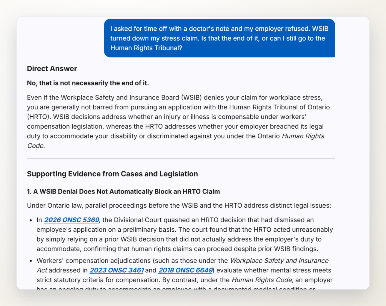 Screenshot of the Ontario Severance chat answering a question about a refused WSIB stress claim and whether the Human Rights Tribunal can still hear the case.
