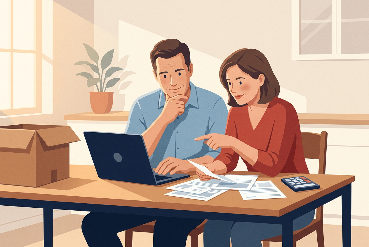 Illustration: two co-workers at a kitchen table with a laptop, papers and a calculator, a moving box beside them, weighing their options.