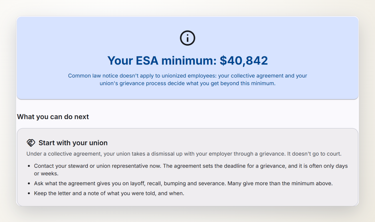 Ontario Severance calculator result reading Your ESA minimum: $40,842, with a note that the collective agreement and the grievance process decide what comes beyond it, and a card titled Start with your union.