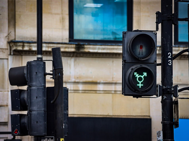 Traffic light shows transgender symbol illuminated green.
