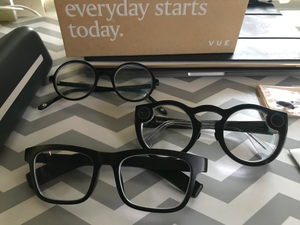 Vue Glasses (front), Snap Spectacles (middle), normal GlassesUSA (rear)