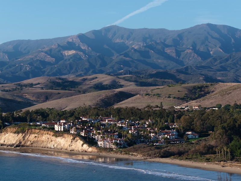An aerial view of the Ritz-Carlton Bacara, in Santa Barbara, California, on a sharp sunny day.