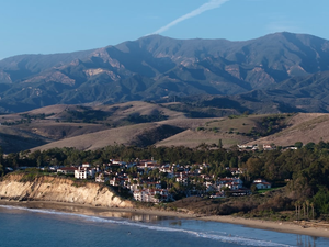 An aerial view of the Ritz-Carlton Bacara, in Santa Barbara, California, on a sharp sunny day.