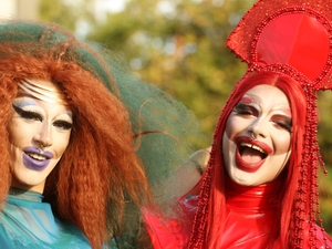 A couple of drag queens celebrate at the Pride Parade