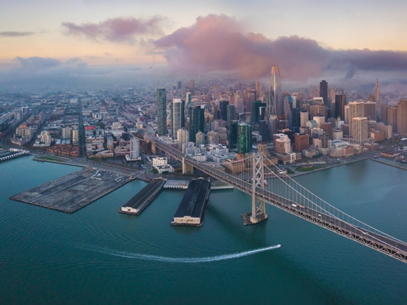 San francisco cityscape and bay at sunrise