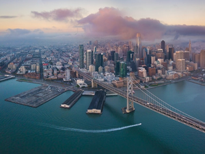 San francisco cityscape and bay at sunrise