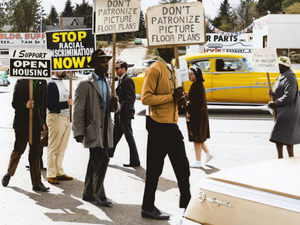 Caption reads, "CORE-sponsored demonstration at realtor office of Picture Floor Plans, Inc." Original black and white negative by the Seattle Police Department. Taken May 4th, 1964, Seattle, Washington State, United States (Seattle Municipal Archives). Colorized by Jordan J. Lloyd. Seattle Municipal Archives Series 5210-01: Records of the Office of the Mayor, 1956-1970 http://archives.seattle.gov/digital-collections/index.php/Detail/objects/102614