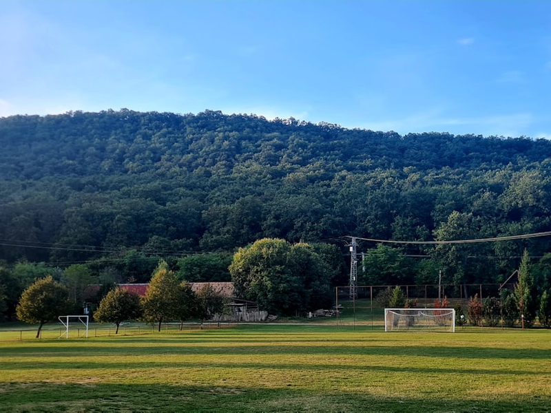 a soccer field in front of a mountain