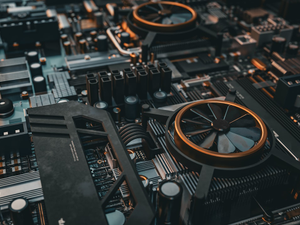 3D rendered abstract view of a motherboard and electronic components