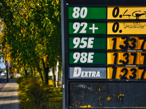 Price list at the gas station, which indicates the prices for various types of fuel. Prices are listed in euros. Several types of gasoline are available: 92+, 95E, 98E, as well as diesel fuel Dextra. Abandoned and grunge.