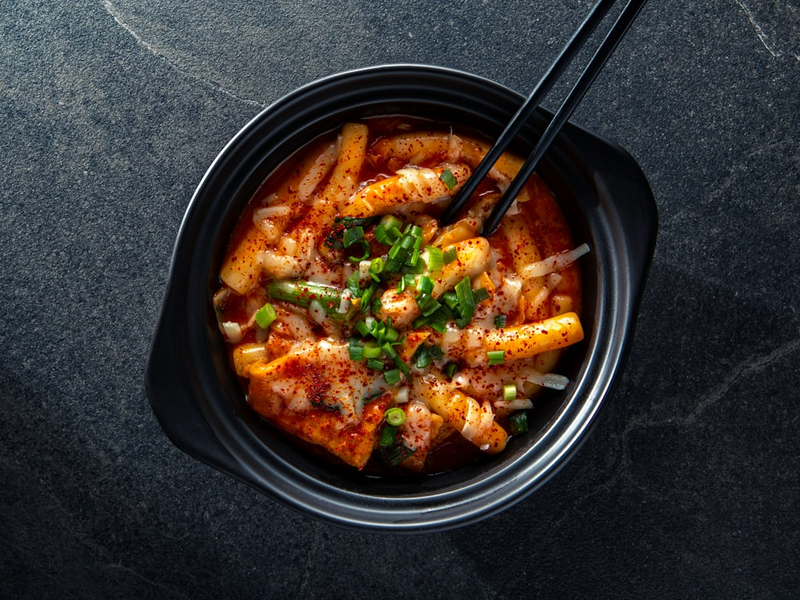 Overhead photo of the Korean dish called Tteokbokki. It is a very spicy dish!