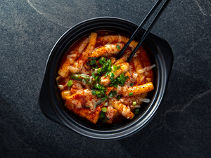 Overhead photo of the Korean dish called Tteokbokki. It is a very spicy dish!