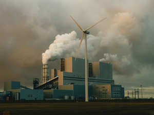 In the heart of Eemshaven's industrial harbor, a lone wind turbine stands tall, asserting its presence beneath the stormy skies of the Netherlands. As the sun dips below the horizon, casting an orange glow, a coal-burning power station looms in the background, with thick smoke billowing into the air.