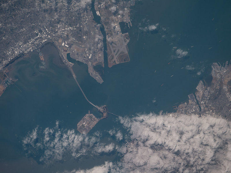 San Francisco Bay, Treasure Island, Oakland and a cloud-covered San Francisco