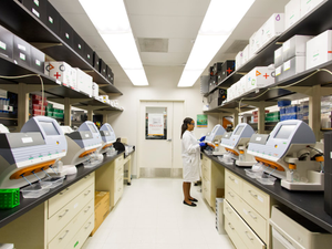 DNA Genotyping and Sequencing. A technician works among a fleet of desktop genomic sequencing machines at the Cancer Genomics Research Laboratory, part of the National Cancer Institute's Division of Cancer Epidemiology and Genetics (DCEG). Creator: Daniel Sone