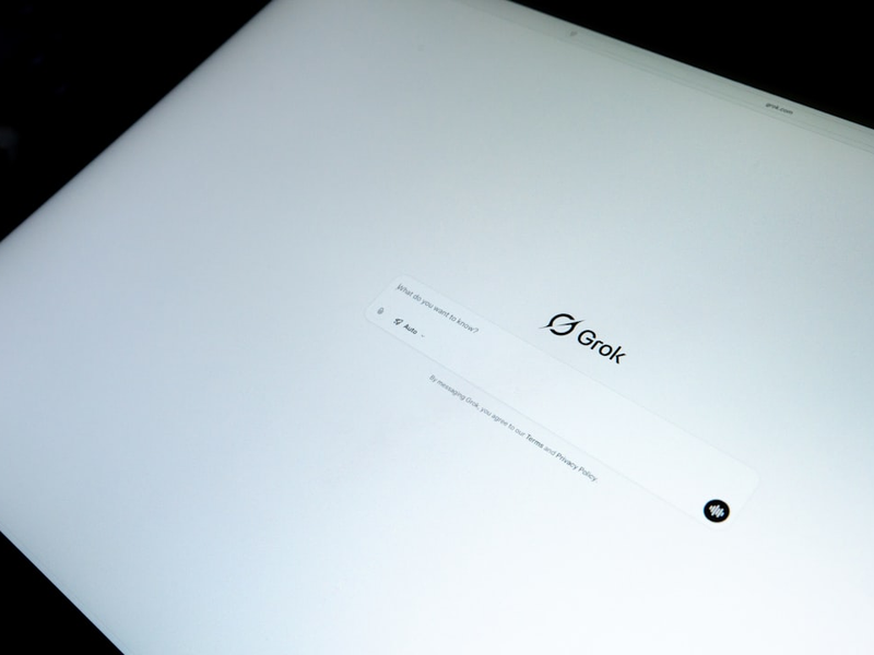 Angled photo of a computer screen displaying the Grok AI interface with a search bar, captured in a bright minimal setting.