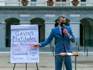 Gavin Newsom declares moratorium, banning the construction of new factory farms or slaughterhouses in California. Learn more at NoMoreFactoryFarms.com