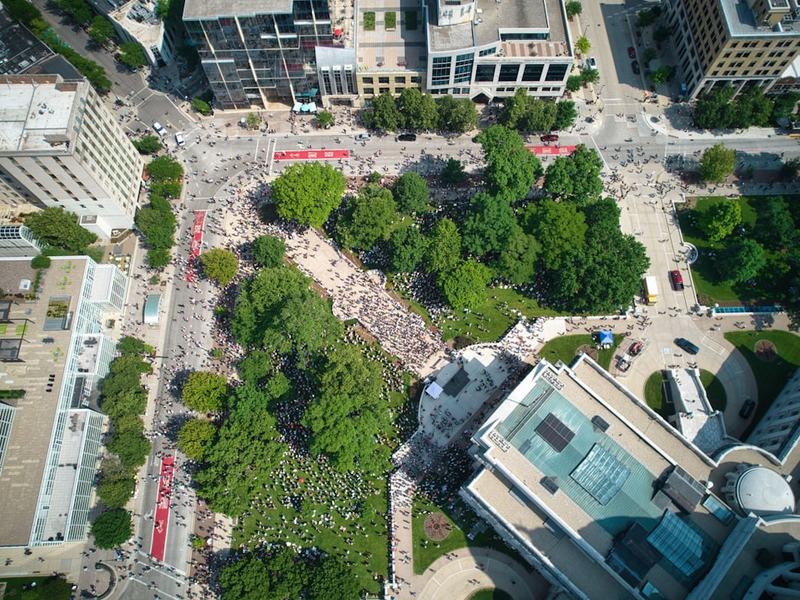 People gather at the Wisconsin State Capitol in Madison, Wisconsin on June 14, 2025, for the "No Kings" protest.