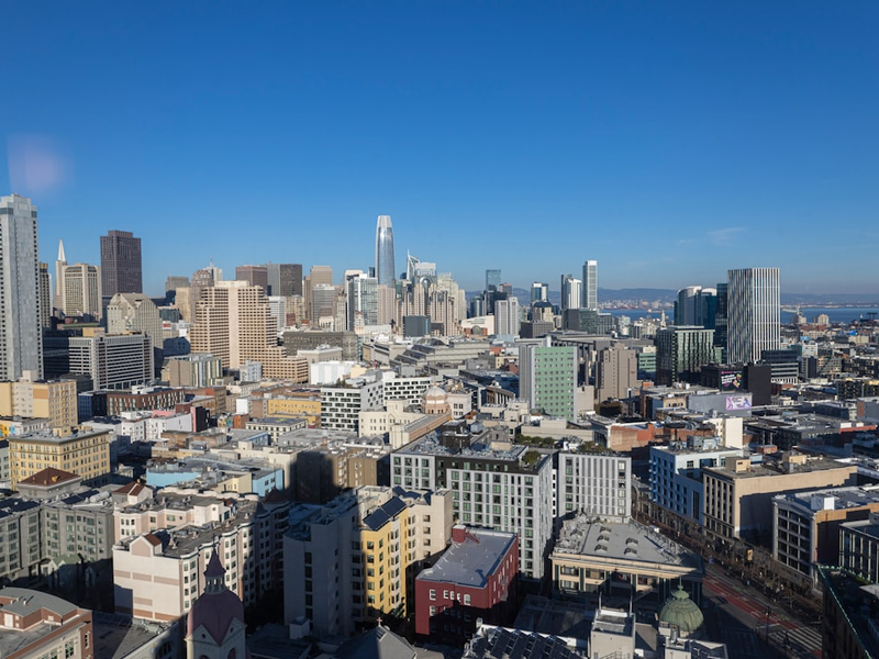 San Francisco skyline viewed from the top of the UC Hastings College of the Law McAllister Tower Apartment building.