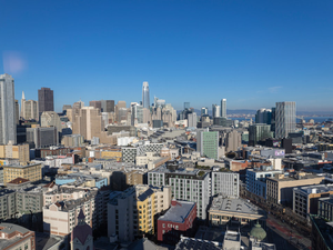 San Francisco skyline viewed from the top of the UC Hastings College of the Law McAllister Tower Apartment building.