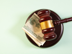 Wooden judge gavel and money in a bowl on green background