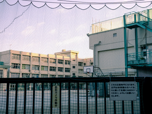 A fence with a building in the background