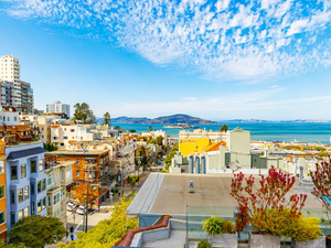 San francisco cityscape with bay and distant islands.