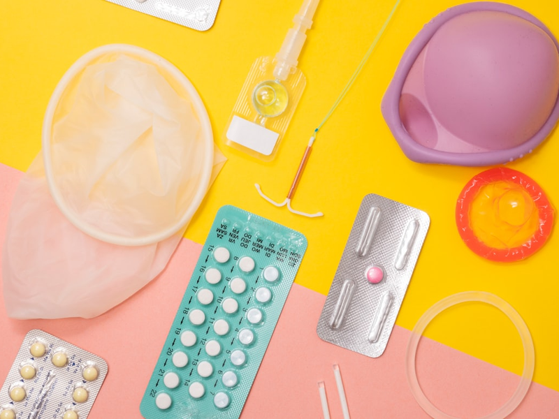 A range of contraceptive methods: contraceptive pills, emergency contraception, condom, IUD, vaginal ring, implant