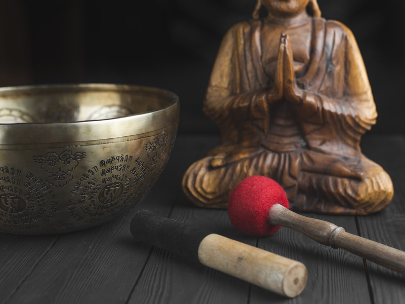 Tools for meditation - tibetan singing bowl, sticks, statue of buddha. Translation text on bowl: om mani padme hum Say "Thanks" via PayPal :)
