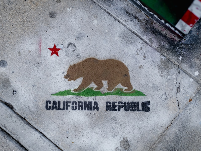 Stencil graffiti on the sidewalk, showing the flag of California.