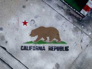 Stencil graffiti on the sidewalk, showing the flag of California.