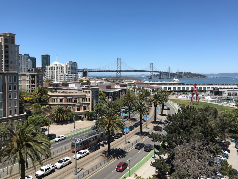 San Francisco. Was called AT&T Ball Park at the time. View of the Pier and Bay Bridge, Treasure Island.