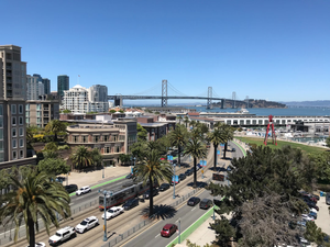 San Francisco. Was called AT&T Ball Park at the time. View of the Pier and Bay Bridge, Treasure Island.