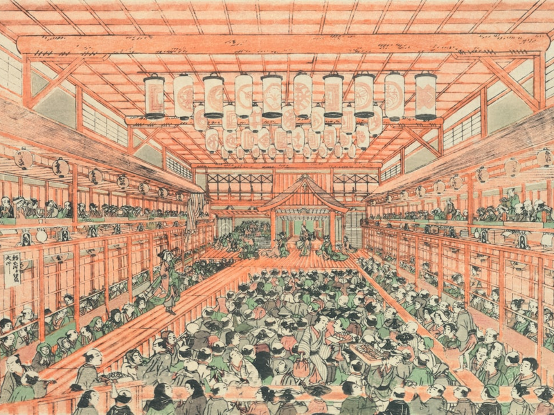 Artist Utagawa Toyoharu Title Perspective Picture of a Kabuki Theater (Uki-e Kabuki shibai no zu) Place Japan (Artist's nationality:) Date 1771–1781 Medium Color woodblock print; oban