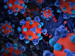HIV Virus Creative artwork featuring colorized 3D prints of HIV virus particles. The virus surface of the prints (red) is covered with proteins (dark blue) that enable the virus to enter and infect human cells, and additional proteins (teal spheres) that disguise the virus from the immune system. A colorized transmission electron micrograph (TEM) of HIV virus particles (red) budding and replicating from an H9 T cell (blue) appears in the background. Credit: NIAID https://www.flickr.com/photos/niaid/52536527476/