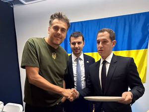 Nick Bilogorskiy, San Francisco Mayor Daniel Lurie, and Consul General of Ukraine Dmytro Kushneruk at the opening of the Ukrainian Cultural Showcase “C-Ukraine” in San Francisco, January 13, 2025
