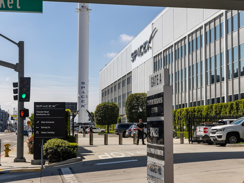 The main entrance of SpaceX headquarters in Hawthorne, California, in March 2024.