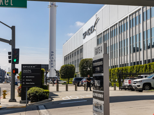 The main entrance of SpaceX headquarters in Hawthorne, California, in March 2024.