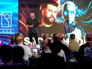 Carlos Gil delivers a bold keynote on AI, content disruption, and future-proof branding at a major marketing event. Full audience, impactful visuals, and high energy.