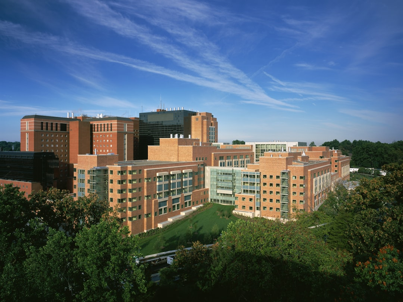  Aerial view of the National Institutes of Health Clinical Center (Building 10) in Bethesda, Maryland.
