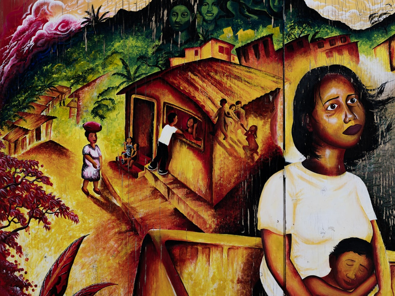 The artwork depicts the gentrification process thats taking place in the Mission district of San Francisco.