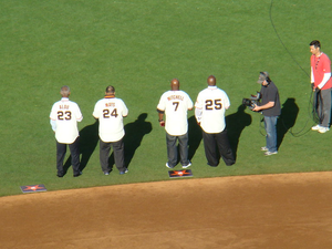 Felipe Alou, Willie Mays, Kevin Mitchell, Barry Bonds