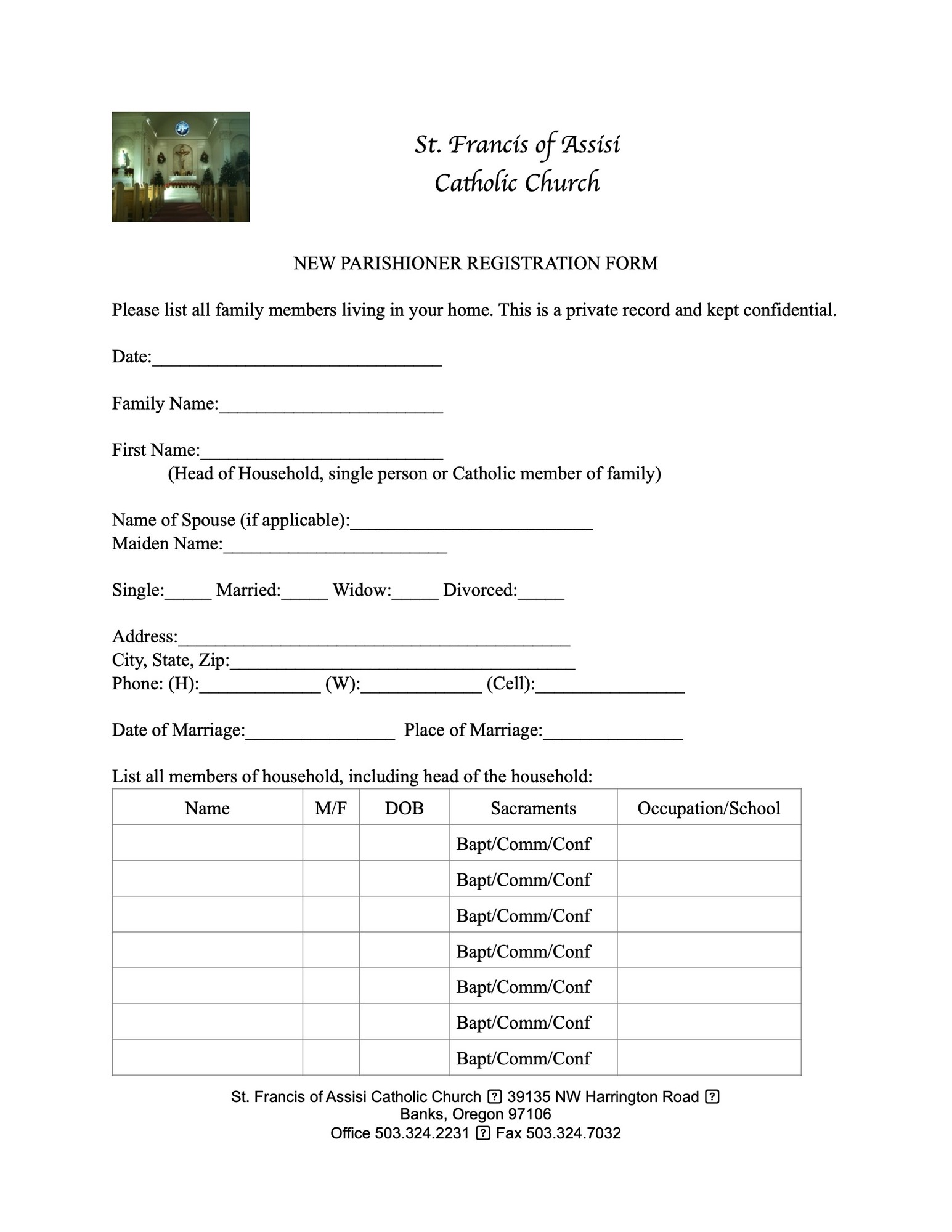 First Page of New Parishioner Form