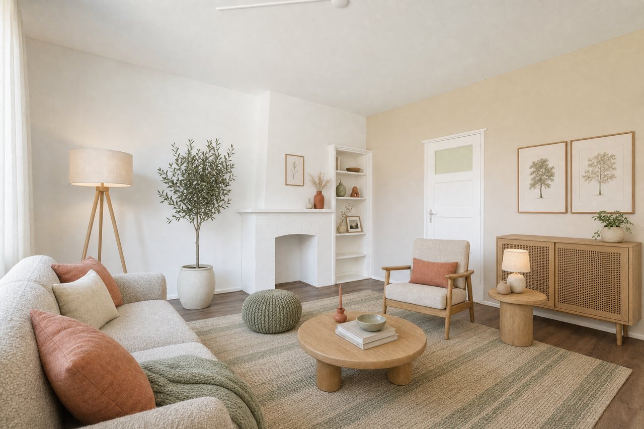 Woonkamer tweede perspectief, digitaal gestyld door Sfeersetters, virtual staging Groningen