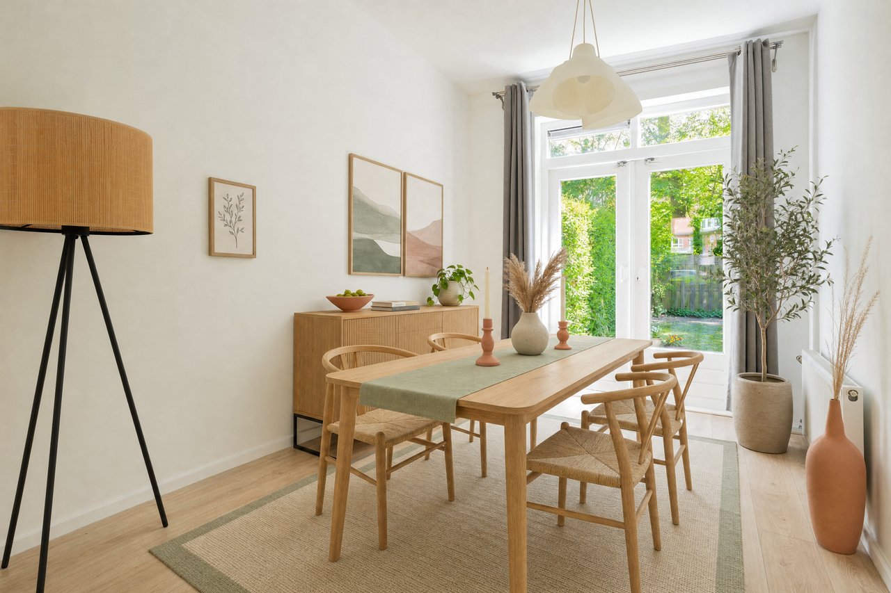 Eetkamer met tuindeuren, digitaal gestyld door Sfeersetters, virtual staging Groningen
