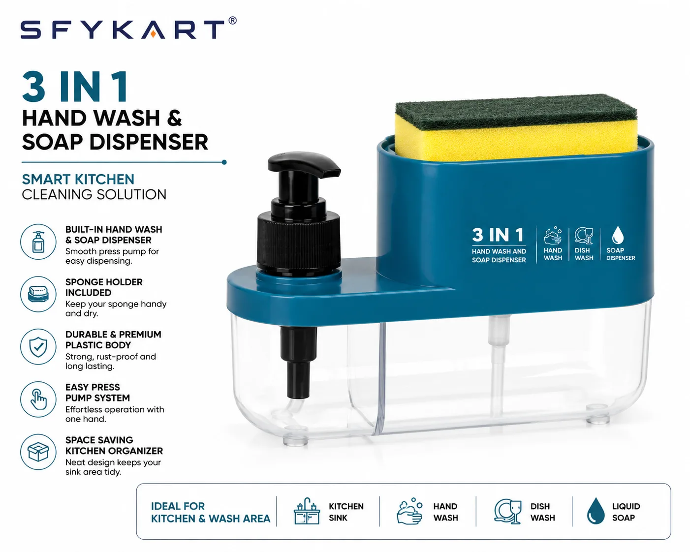 SFYKART 3 In 1 Hand Wash & Soap Dispenser with Sponge Holder view 3