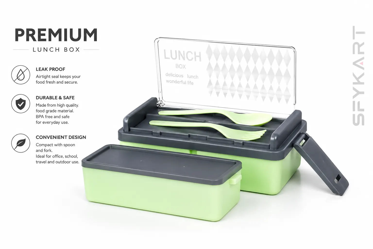 SFYKART Premium Double Decker Lunch Box with Spoon & Fork view 3