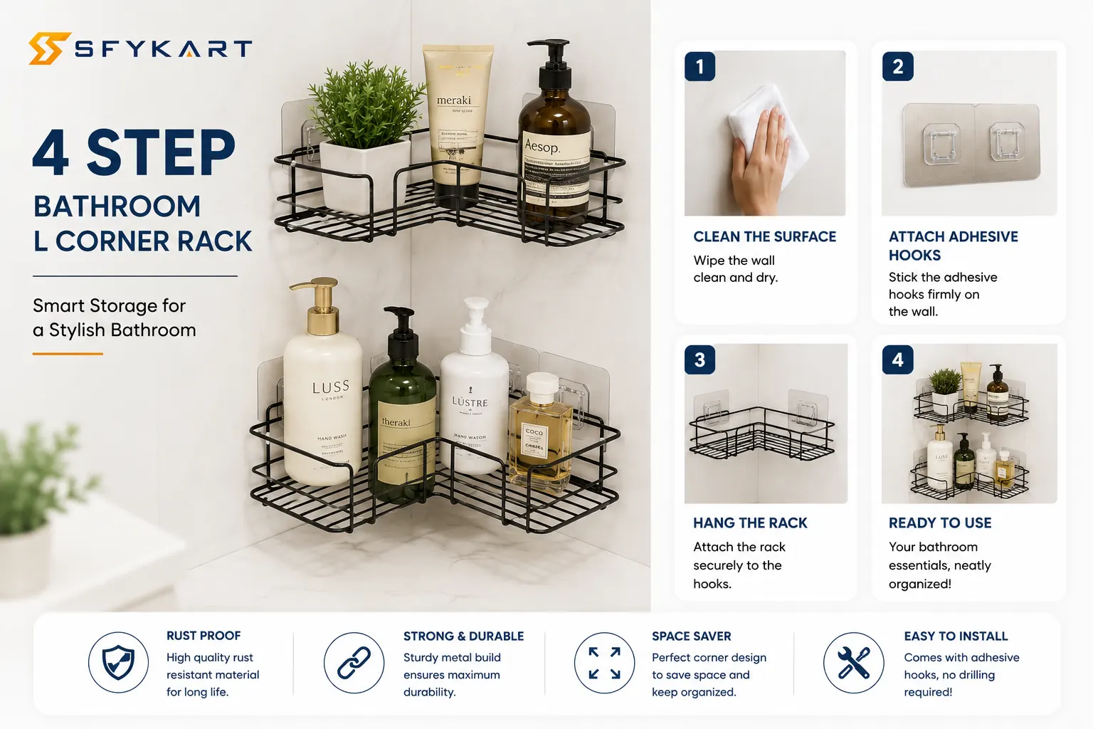 SFYKART  Bathroom L Corner Rack – No Drill Corner Shelf view 2