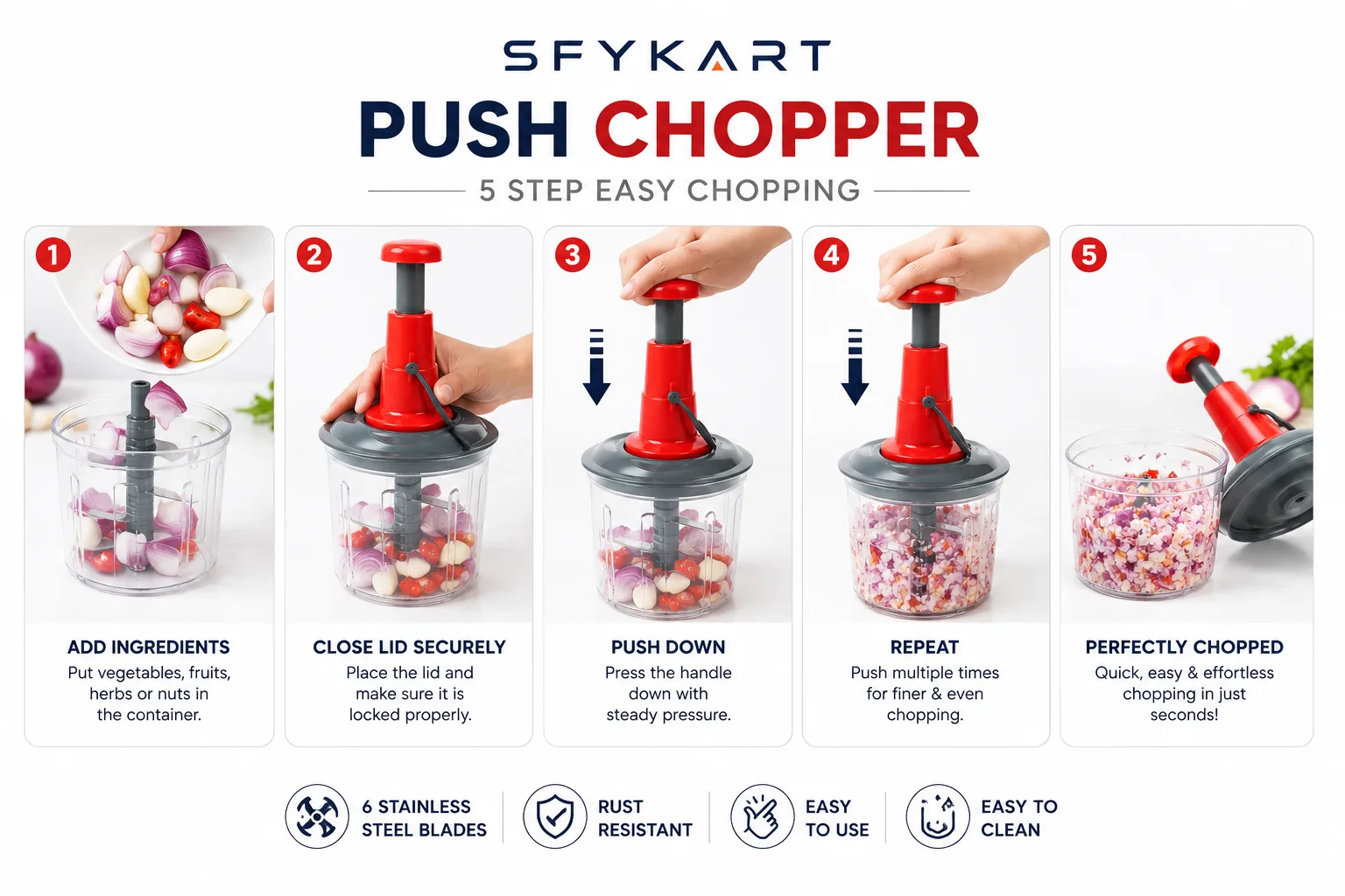 Hand Press Vegetable Chopper 1100ml, Manual Push Chopper with 6 Blades – SFYKART view 2