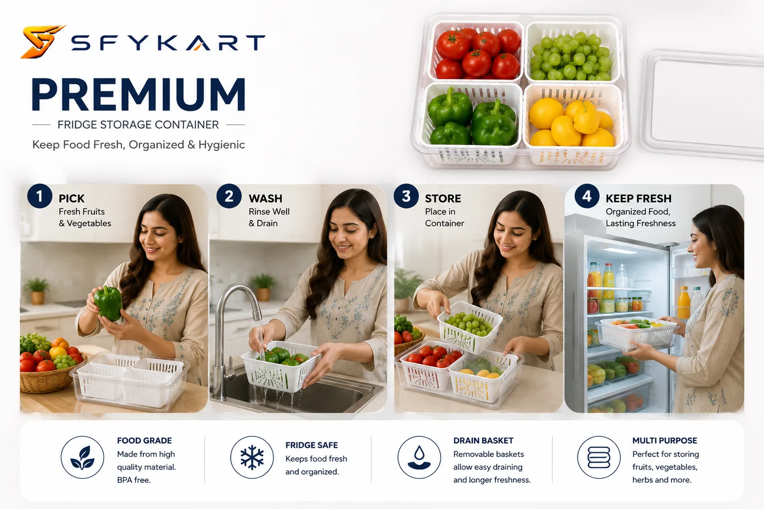 Vegetable Storage Container for Refrigerator with 4 Drain Baskets – SFYKART view 2